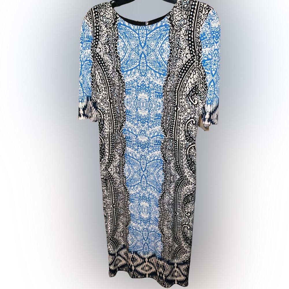 Maggy London Royal Blue Black White Tribal Paisley Shift Dress Size 8 EUC